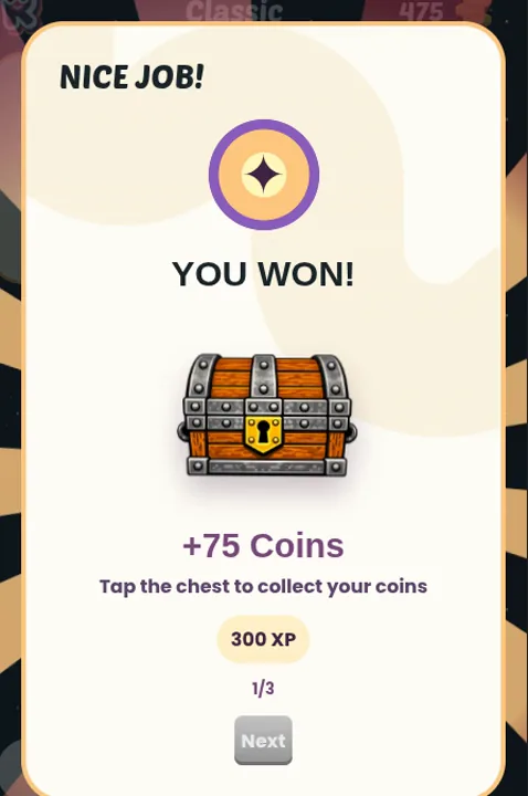 The win screen after solving the riddle, awarding 75 coins and 300 XP